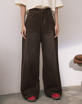 A｜復古風線條刷色水洗牛仔寬褲(兩色)