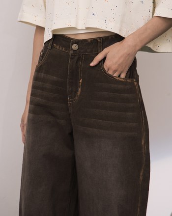 A｜復古風線條刷色水洗牛仔寬褲(兩色)