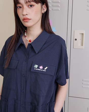 涼感天絲復古電器刺繡短袖洋裝(兩色)