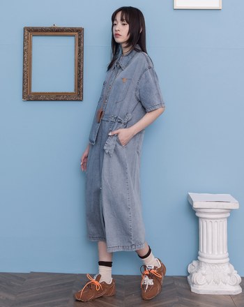 涼感天絲不對稱開襟短袖牛仔洋裝