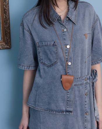 涼感天絲不對稱開襟短袖牛仔洋裝