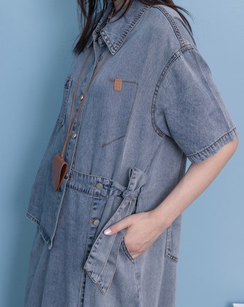 涼感天絲不對稱開襟短袖牛仔洋裝