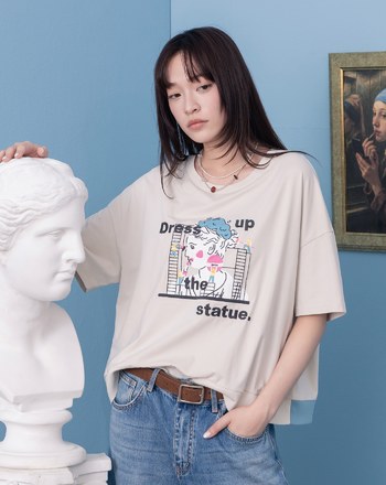 為雕像化妝下擺配色羅紋T恤(兩色)