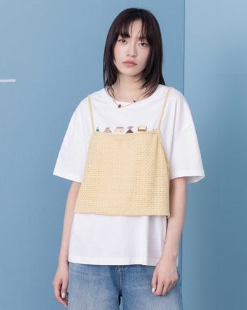 針織背心刺繡火山甜點兩件式T恤(兩色)