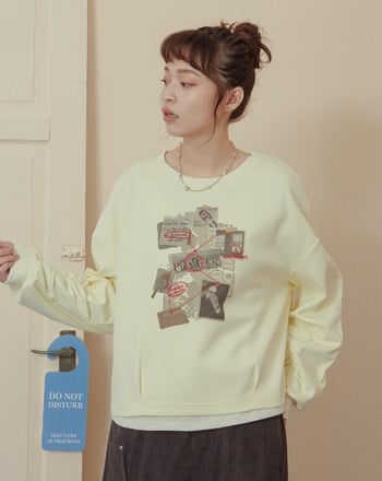 偵探調查印花立體抓褶大學T(兩色)