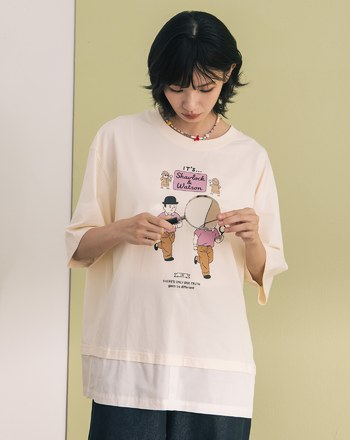 偵探人物塗鴉造型假兩件涼感T恤(兩色)