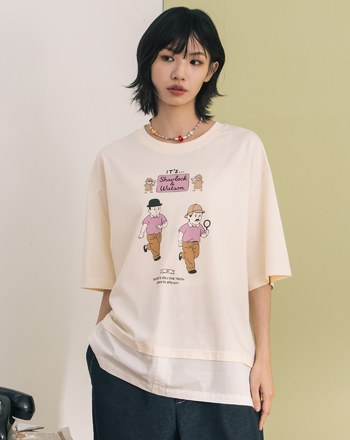 偵探人物塗鴉造型假兩件涼感T恤(兩色)