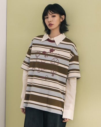 手繪小物繡花撞色條紋T恤(兩色)