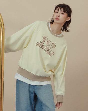 英文標語刺繡配色拼接大學T(兩色)