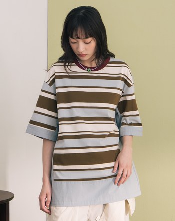 顯瘦異材質拼接條紋T恤(兩色)