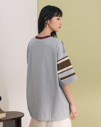 顯瘦異材質拼接條紋T恤(兩色)