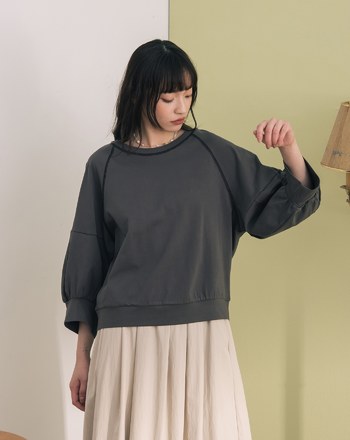 ➤配色壓線七分澎袖涼感上衣