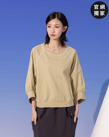 ➤配色壓線七分澎袖涼感上衣
