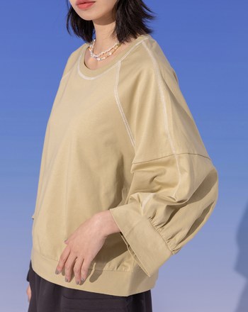 ➤配色壓線七分澎袖涼感上衣