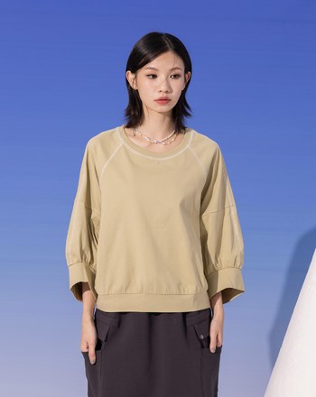 ➤配色壓線七分澎袖涼感上衣