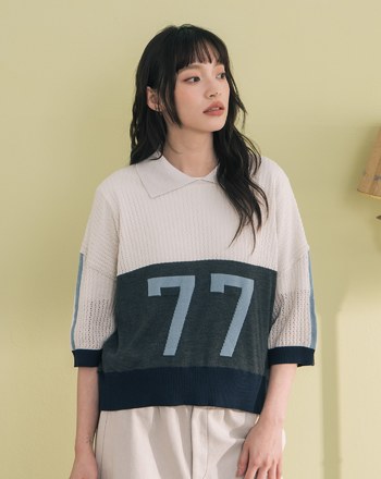 數字撞色拼接polo領針織上衣(兩色)