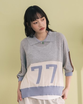 數字撞色拼接polo領針織上衣(兩色)