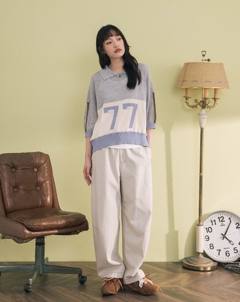 數字撞色拼接polo領針織上衣(兩色)