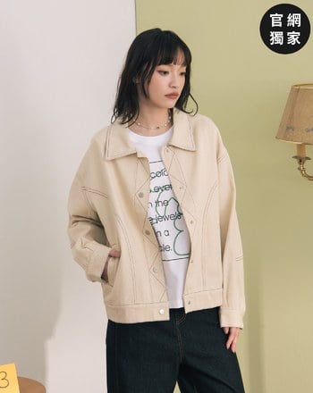 ➤配色壓線口袋撞色刺繡襯衫外套(兩色)