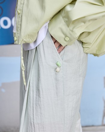 ➤蛋糕裝飾涼感抗皺打褶寬褲(淺綠)