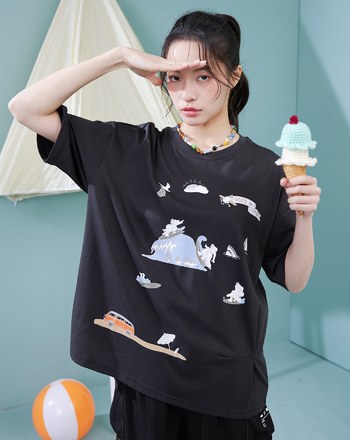 ➤海邊風景抓褶擴型涼感T恤(兩色)