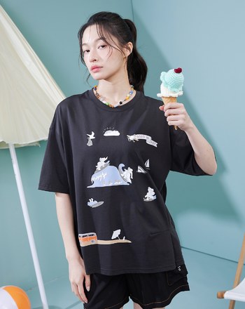 ➤海邊風景抓褶擴型涼感T恤(兩色)