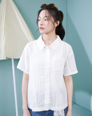 雪紡繡花拼接天絲襯衫(兩色)