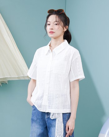 雪紡繡花拼接天絲襯衫(兩色)