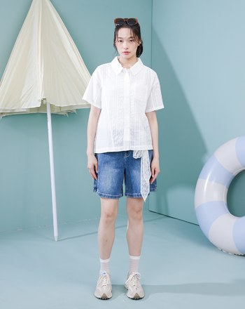 雪紡繡花拼接天絲襯衫(兩色)