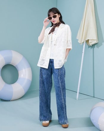 棉質蕾絲西裝領短袖襯衫(兩色)