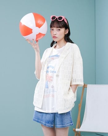 棉質蕾絲西裝領短袖襯衫(兩色)