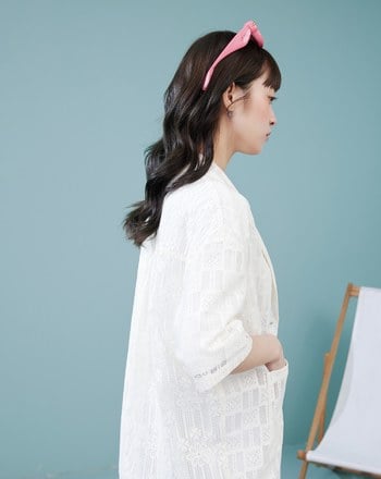 棉質蕾絲西裝領短袖襯衫(兩色)