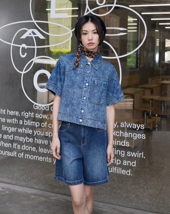 雪花水洗短版牛仔襯衫(兩色)