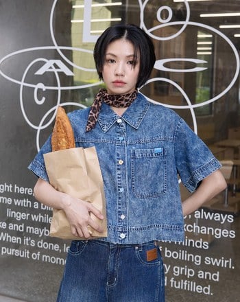 雪花水洗短版牛仔襯衫(兩色)