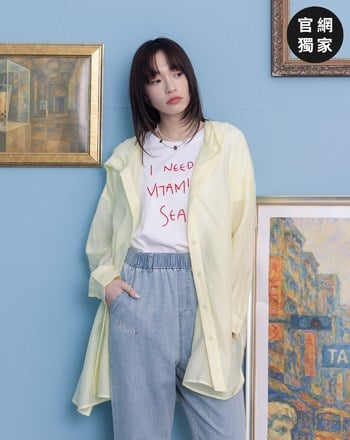 ➤刺繡天絲透膚長版連帽襯衫