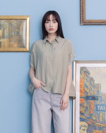 ➤抽皺肩麻料連袖襯衫(兩色)