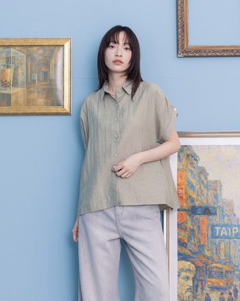 ➤抽皺肩麻料連袖襯衫(兩色)
