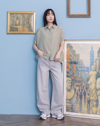 ➤抽皺肩麻料連袖襯衫(兩色)