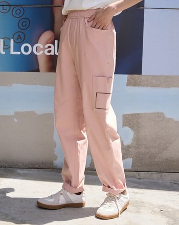 裝飾配色線單邊口袋彈力男友褲(兩色)