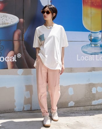 裝飾配色線單邊口袋彈力男友褲(兩色)