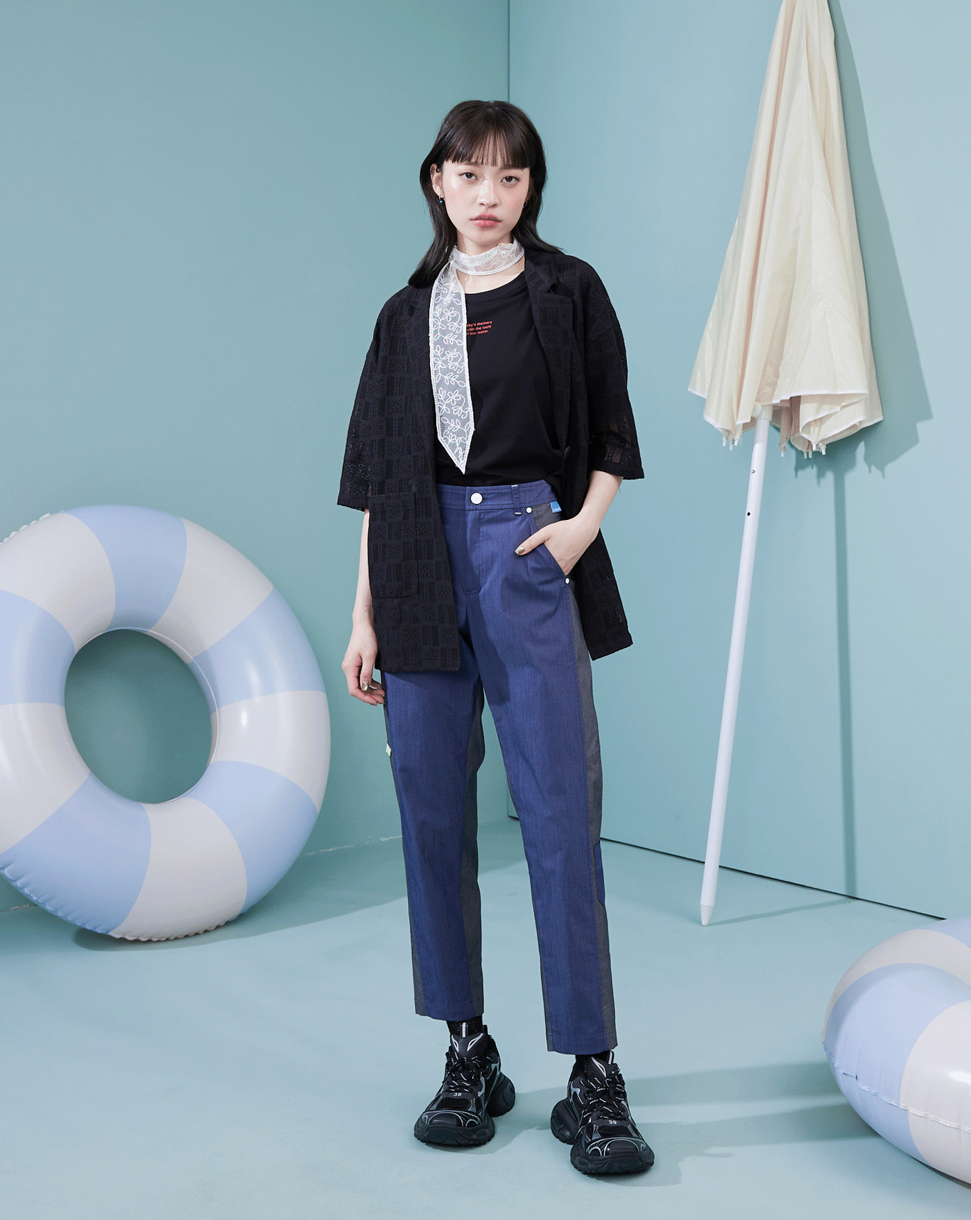 shadow顯瘦彈性拼色男友褲(兩色)