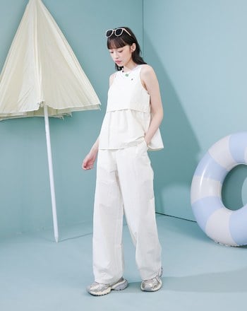 微皺感修身縮口直筒褲(米色)