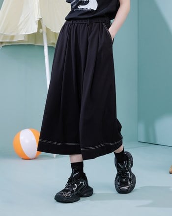 配色壓線彈力打褶8分褲裙(兩色)