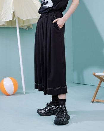 配色壓線彈力打褶8分褲裙(兩色)