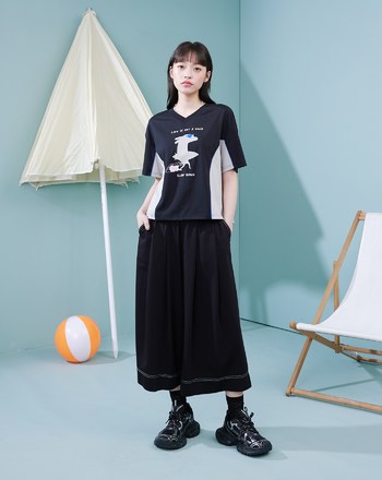 配色壓線彈力打褶8分褲裙(兩色)