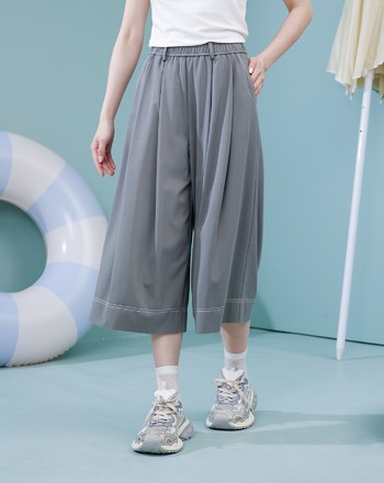 配色壓線彈力打褶8分褲裙(兩色)