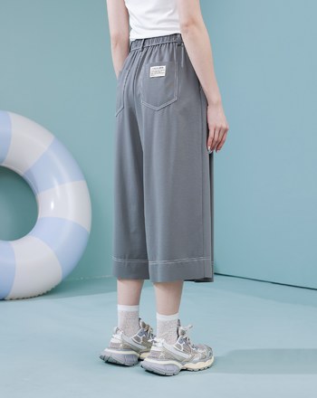 配色壓線彈力打褶8分褲裙(兩色)