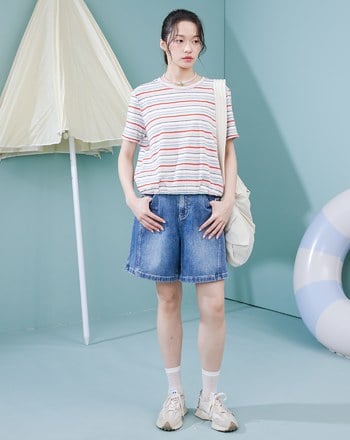 夏日繽紛條紋鬆緊下擺T恤(兩色)