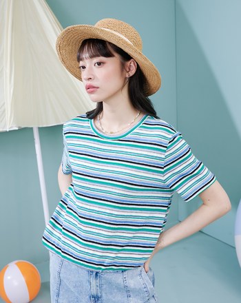 夏日繽紛條紋鬆緊下擺T恤(兩色)