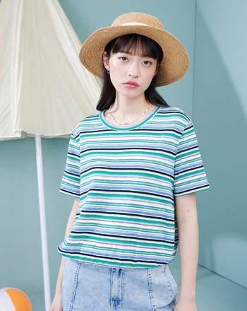 夏日繽紛條紋鬆緊下擺T恤(兩色)